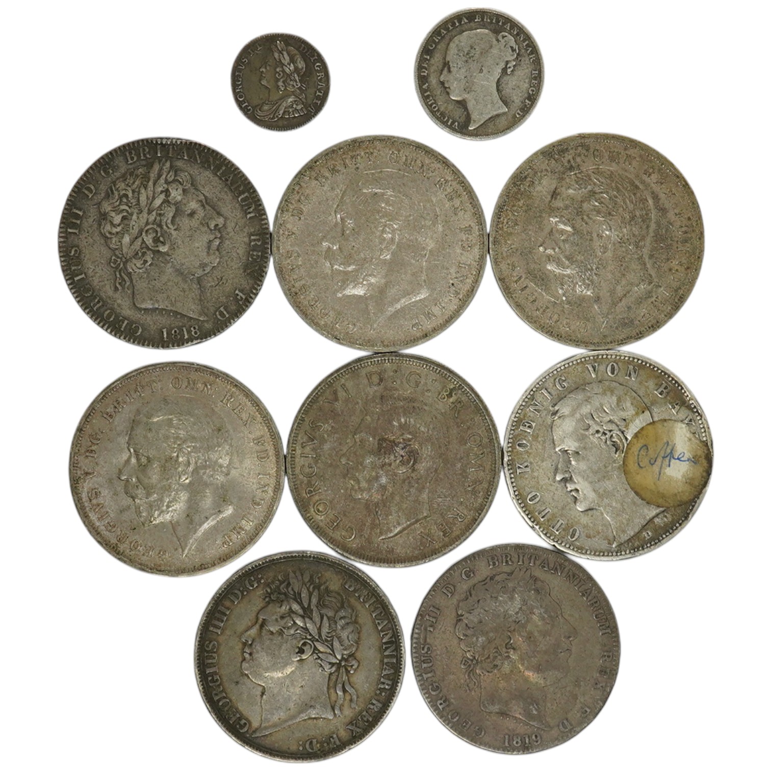 British silver coins, George III to George VI, crowns comprising 1818, 1821, 1819, three x 1935, together with a Bavarian States silver 5 mark 1908